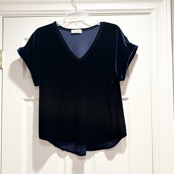 Sofia Made in Italy Blue Velvet Velour V Neck Top Shirt Large L Vintage Shirt - Picture 9 of 14